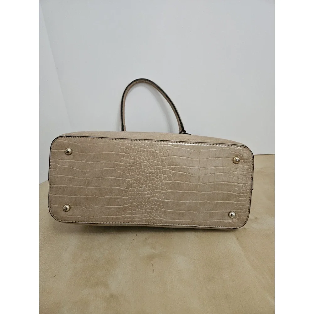 Bebe Beige Faux Croc Embossed Satchel Handbag Double Handle Tote Purse Medium